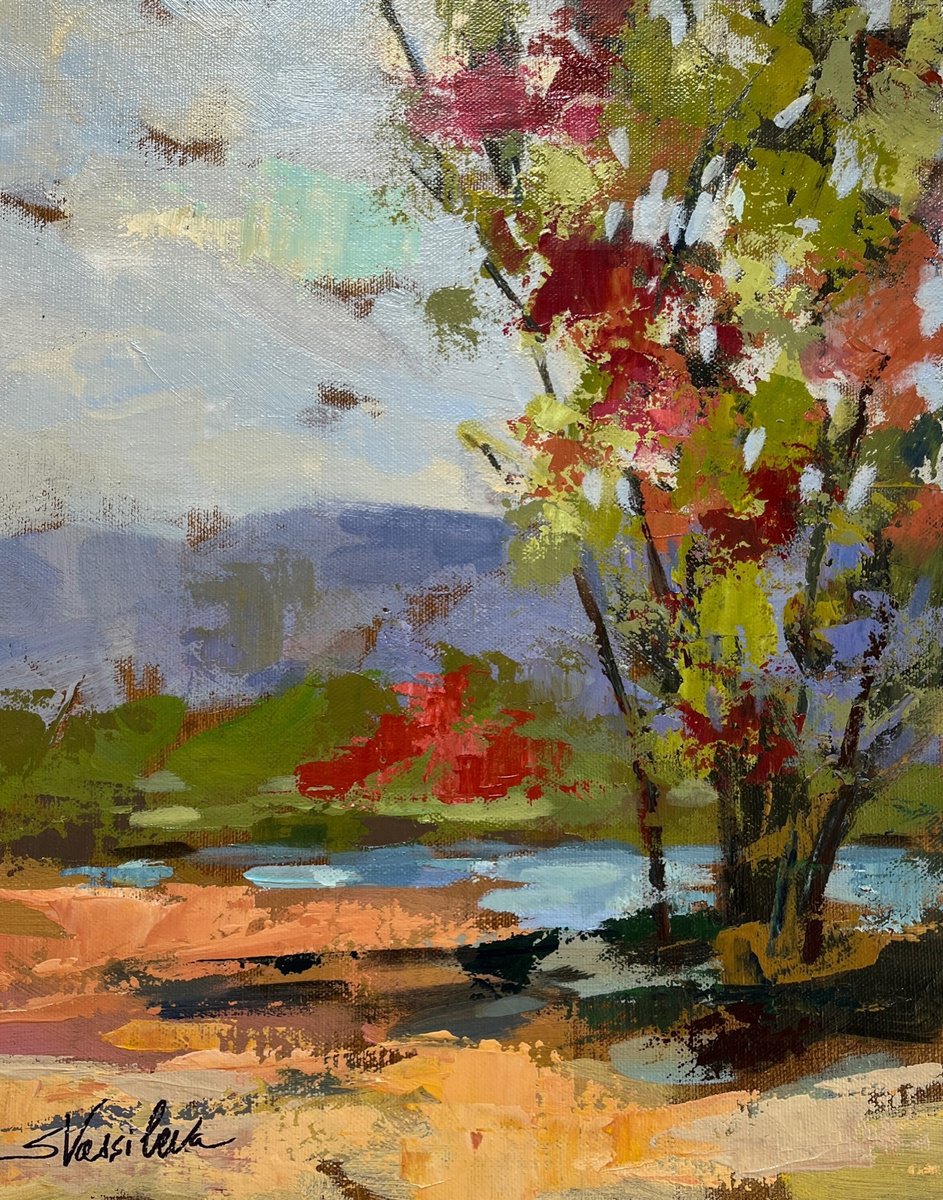 Impressionistic Landscape Acrylic Painting By Silvia Vassileva, 11 X 14", River Edge I, Original Artwork