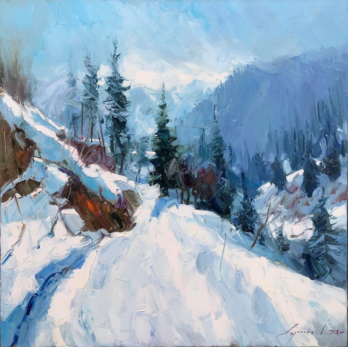 Expressive Landscape Oil Painting By Ivan Dragan, 35 X 35, Winter Carpathians, Original Artwork