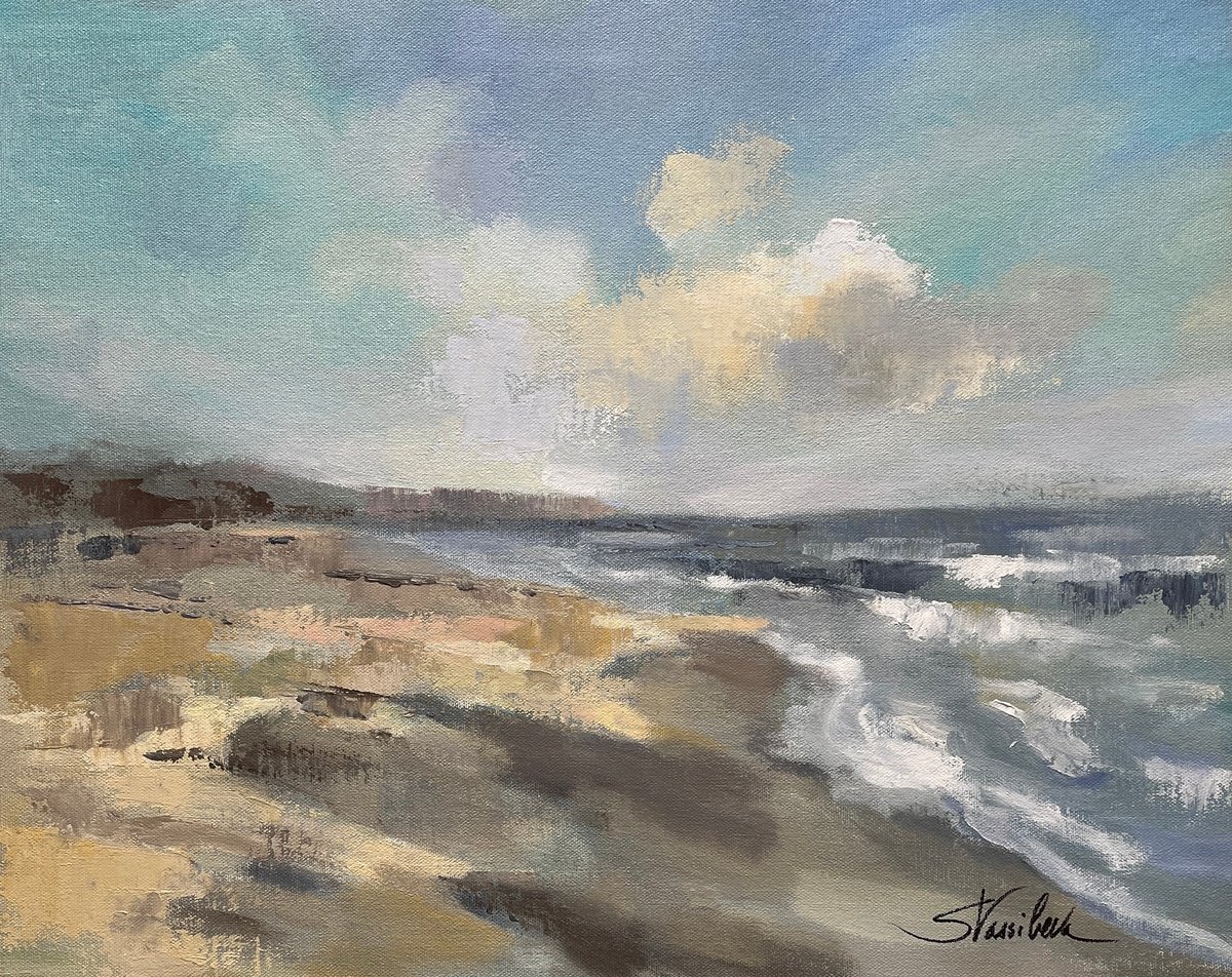 Impressionistic Landscape Acrylic Painting By Silvia Vassileva, 20 X 16", Morning Beach, Original Artwork