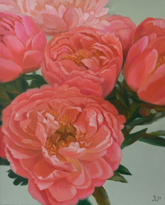 Peach Peonies Oil Painting Flower bloom gift for her Floral art
