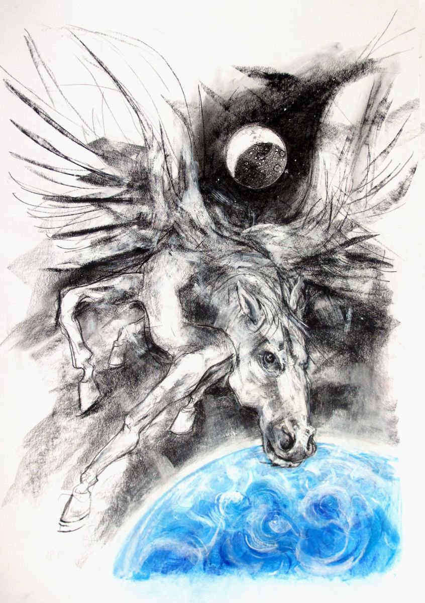 Illustrative Animal Charcoal Drawing By John Sharp, 30 X 43, Pegasus, Moon, Planet2, Original Artwork