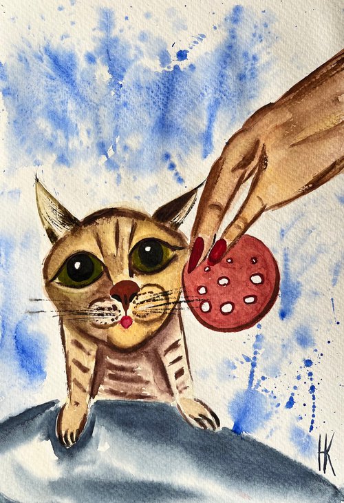 Cat original watercolor painting by Halyna Kirichenko