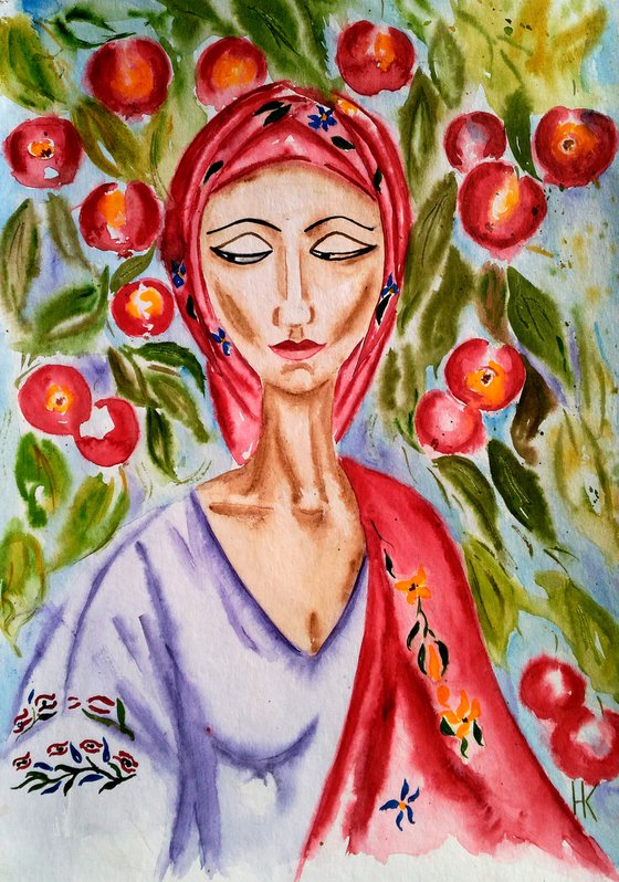 Female Painting Portrait Original Art Ukrainian Woman Watercolor Apple Tree Artwork Red Apples Home Wall Art 12 by 17" by Halyna Kirichenko