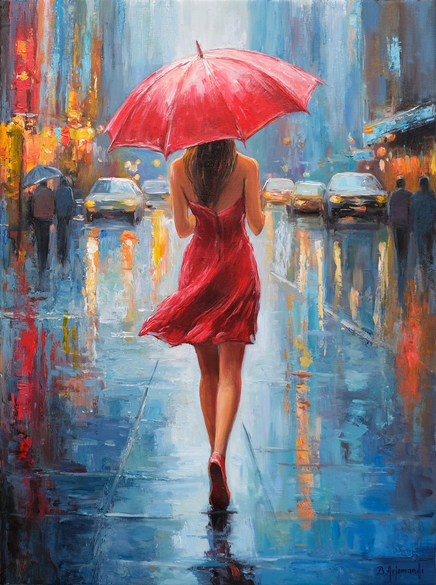 Impressionistic Portrait Oil Painting By Behshad Arjomandi, 21 X 29, Red Umbrella In The Rain, Original Artwork