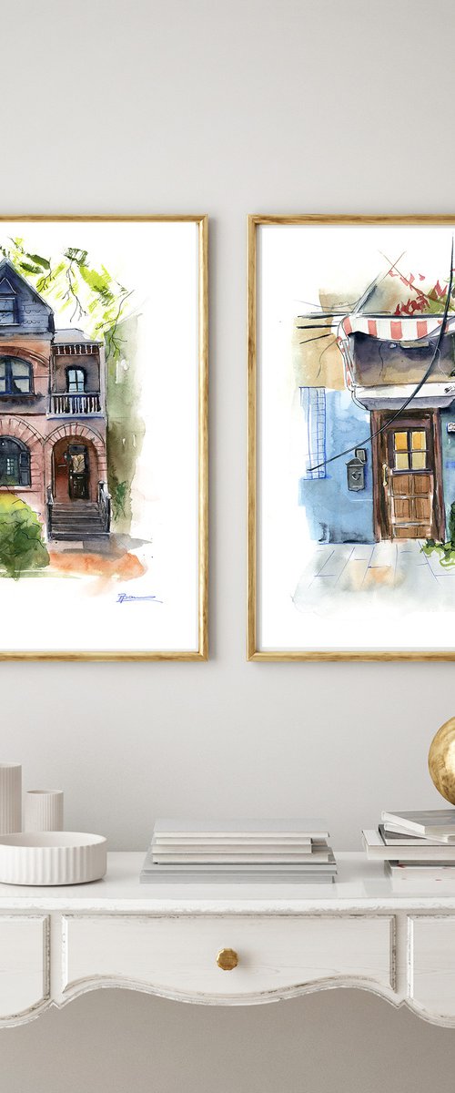Set of 2 Modern houses  Paintings by Olga Tchefranov (Shefranov)
