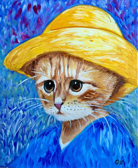 Cat La Van Gogh in a straw hat modern oil painting feline art Van Gogh influence art for animal lovers