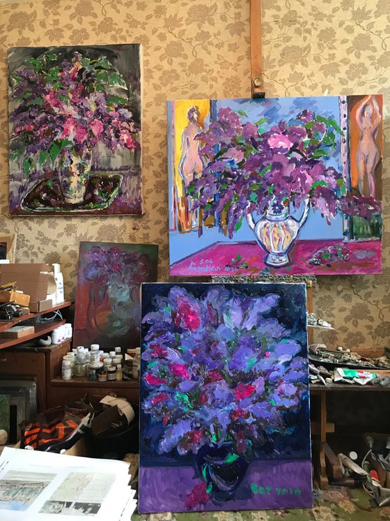 LILAC BLOOMING - Still-life with lilac, original oil painting, bouquet of lilacs 90x70