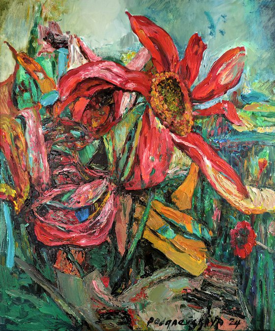 Landscape with red flower