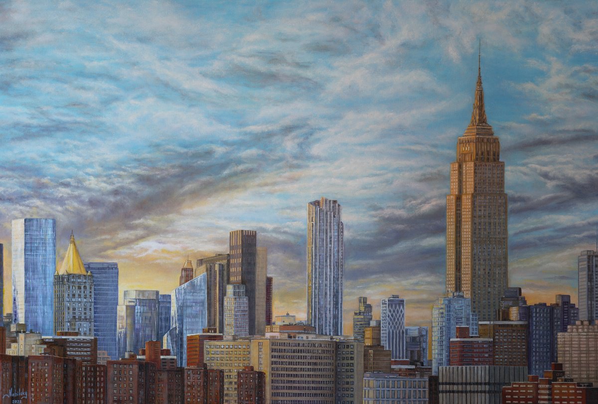 Photorealistic Cityscapes Oil Painting By Olena Nabilsky, 36 X 24", Summer In New York City, Original Artwork