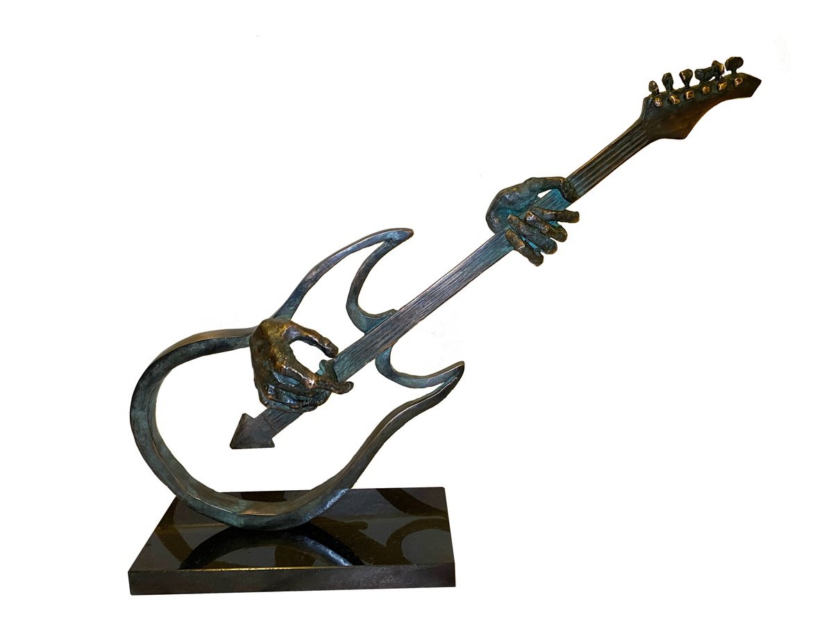 Surrealistic Portrait Bronze Sculpture By Toth Kristof, 20 X 12", Guitar Player, Original Artwork