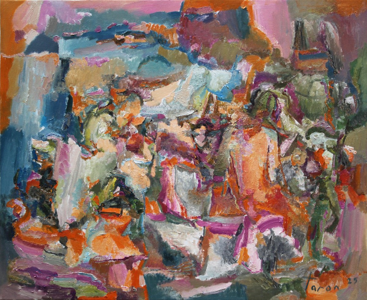 Abstract Oil Painting By Taron Khachatryan, 22 X 18", An Evening With Friends, Original Artwork