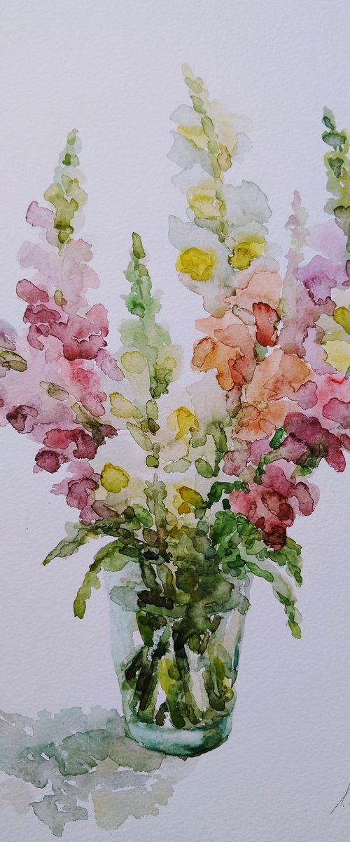 Bouquet. Antirrhínum.  Original watercolor painting. by Elena Klyan