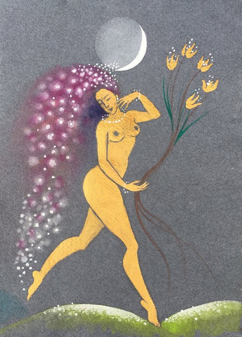 Moondance with Five Golden Flowers (A4) by Phyllis Mahon