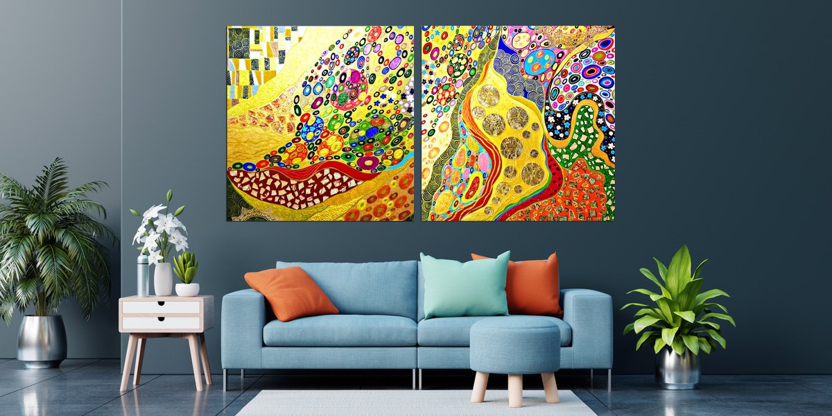 2 pieces 200?100 cm Abstract painting large wall art colorful vivid relief Klimt inspired... by BAST