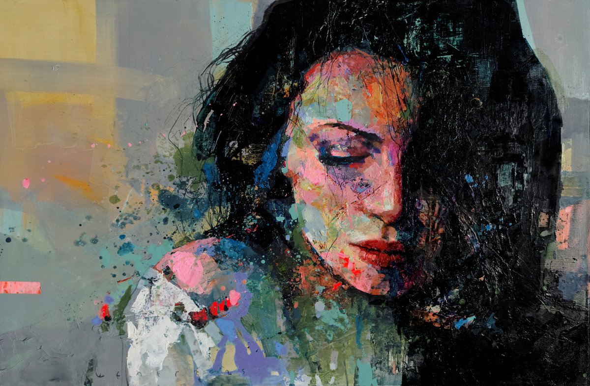 Abstract Portrait Oil Painting By Victor Sheleg, 47 X 31", Fermata, Original Artwork