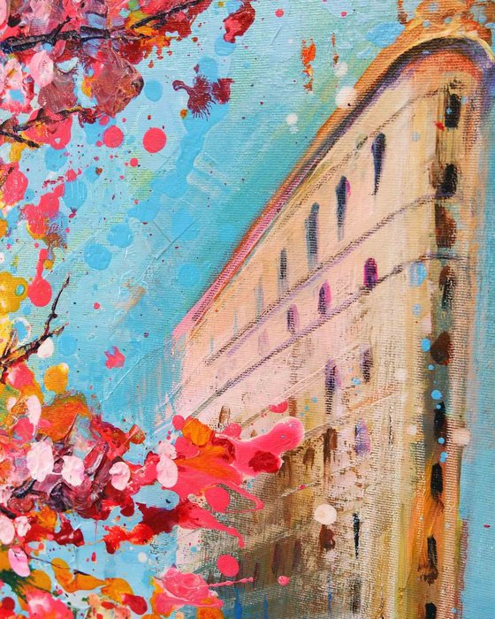 NYC Street Scene, New York Cityscape Original Acrylic Painting, Flatiron Building with a Blossom Spring Tree Wall Art, American Cityscape in Springtime