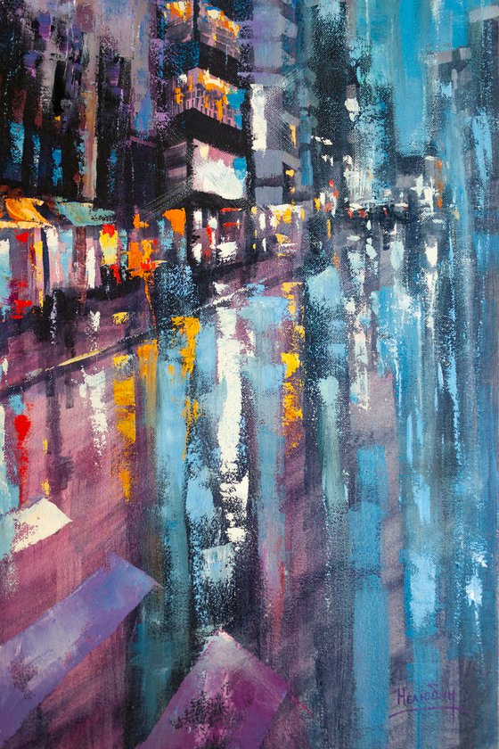 Night city after rain , big painting 80х60