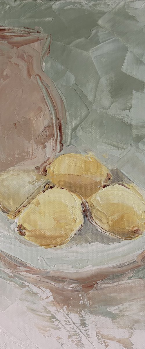 Still life fruits palette knife lemons carafe by Daniela Nocito