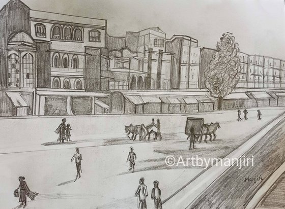 Market street Jaipur from Olden times sketch
