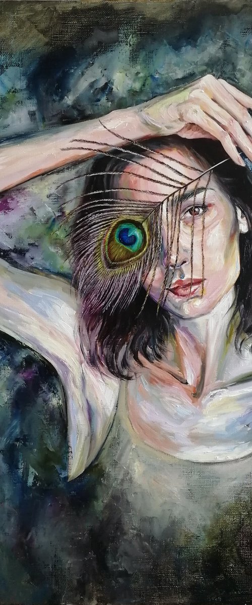 Do you really need a mask? | 50*60 cm | self portrait with peacock feather by Lada Ziangirova