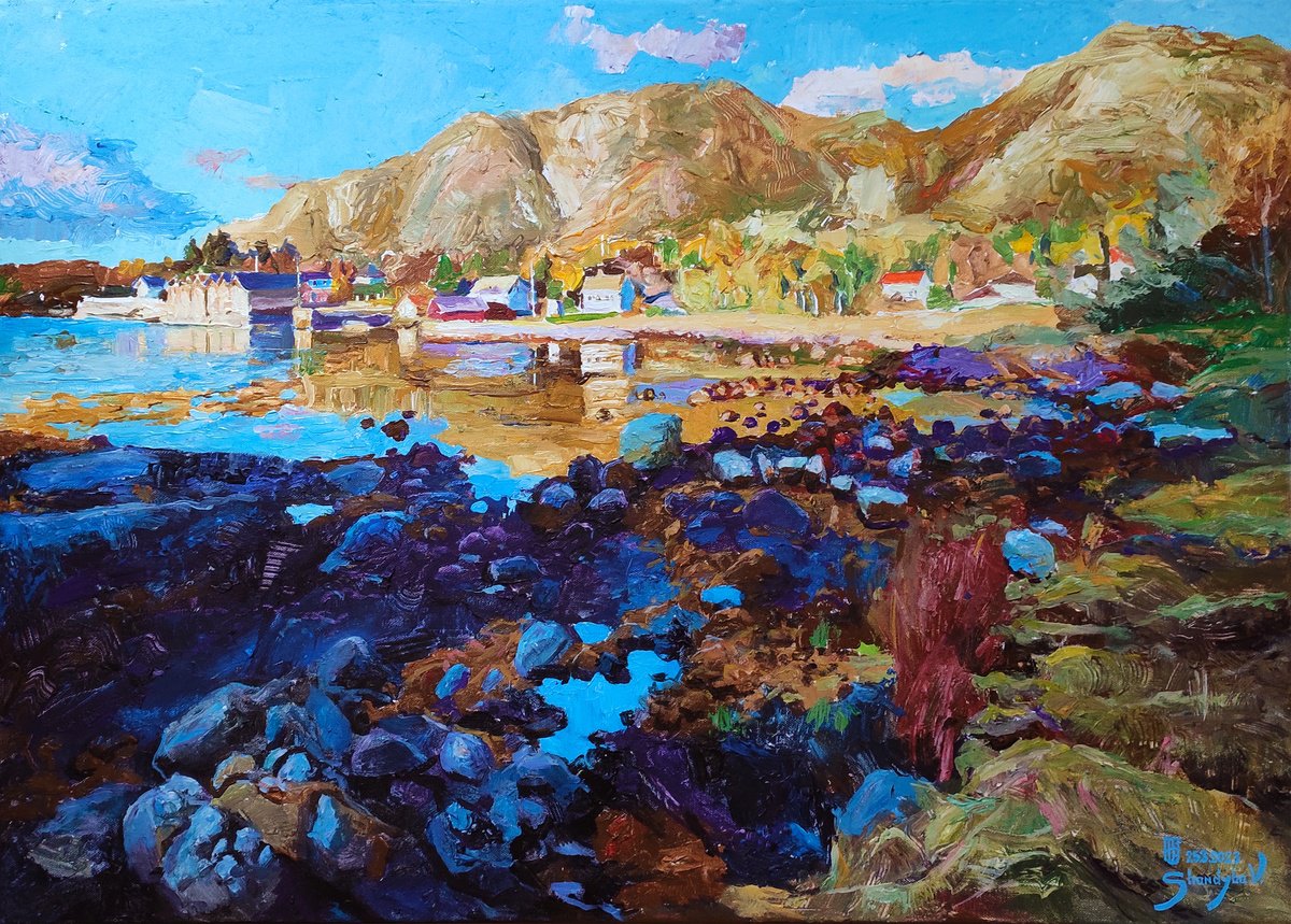 Impressionistic Landscape Acrylic Painting By Vladimyr Shandyba, 35 X 26", Ebb Tide On Valderoy, Original Artwork
