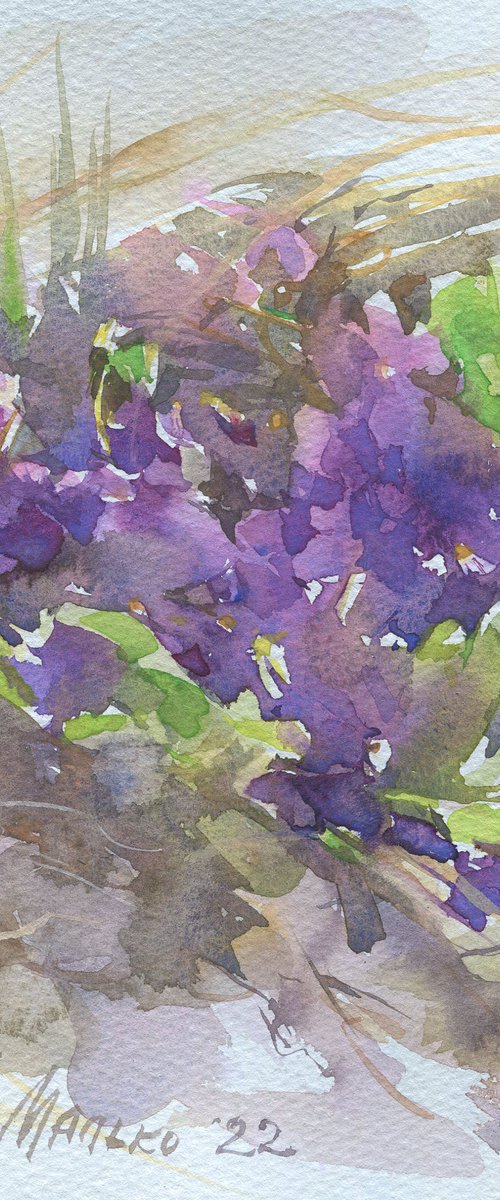 Violets island. Spring sketch / Original watercolor Flower picture Outdoor paintings by Olha Malko