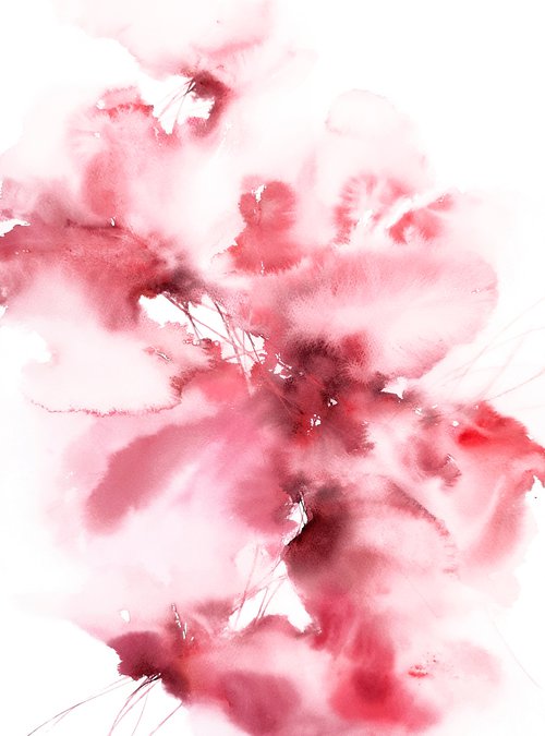 Bright pink flowers, abstract watercolor floral bouquet "Desire" by Olga Grigo