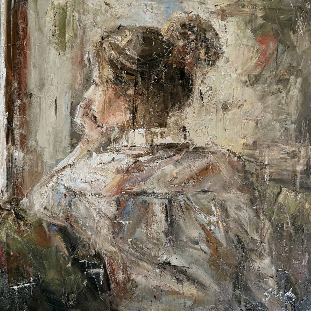Expressive Portrait Oil Painting By Liubou Sas, 24 X 24", Switched Off Phone, Original Artwork
