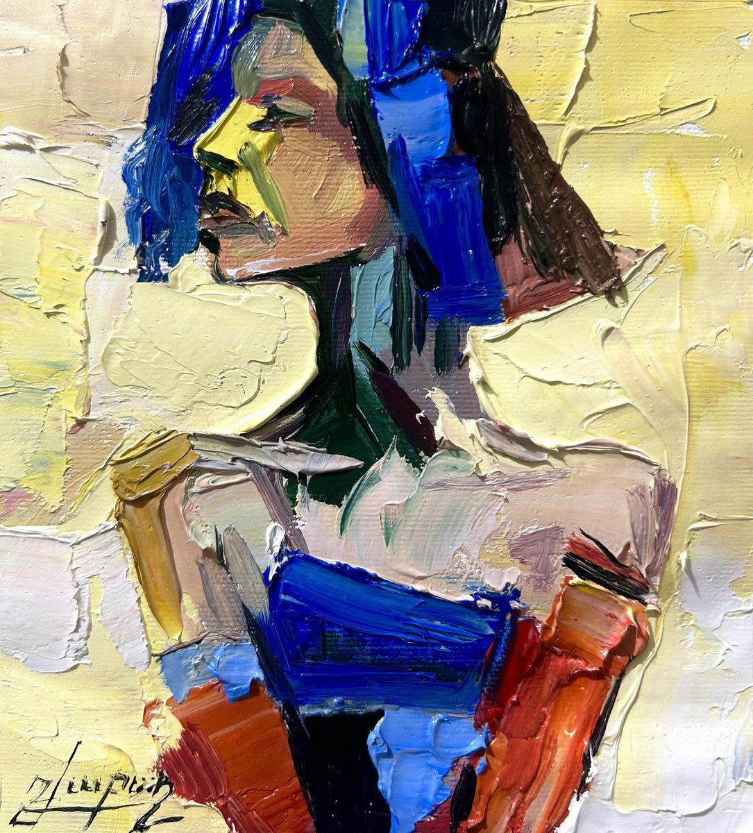Impressionistic Portrait Oil Painting By Vahe Bagumyan, 6 X 7", Portrait In Blue And Gold, Original Artwork
