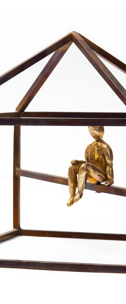 bronze sculpture of a small sitting figure listening to music, unique item, signed art, music lovers art, cast bronze figurine sculpture by Louisa Dimitriou