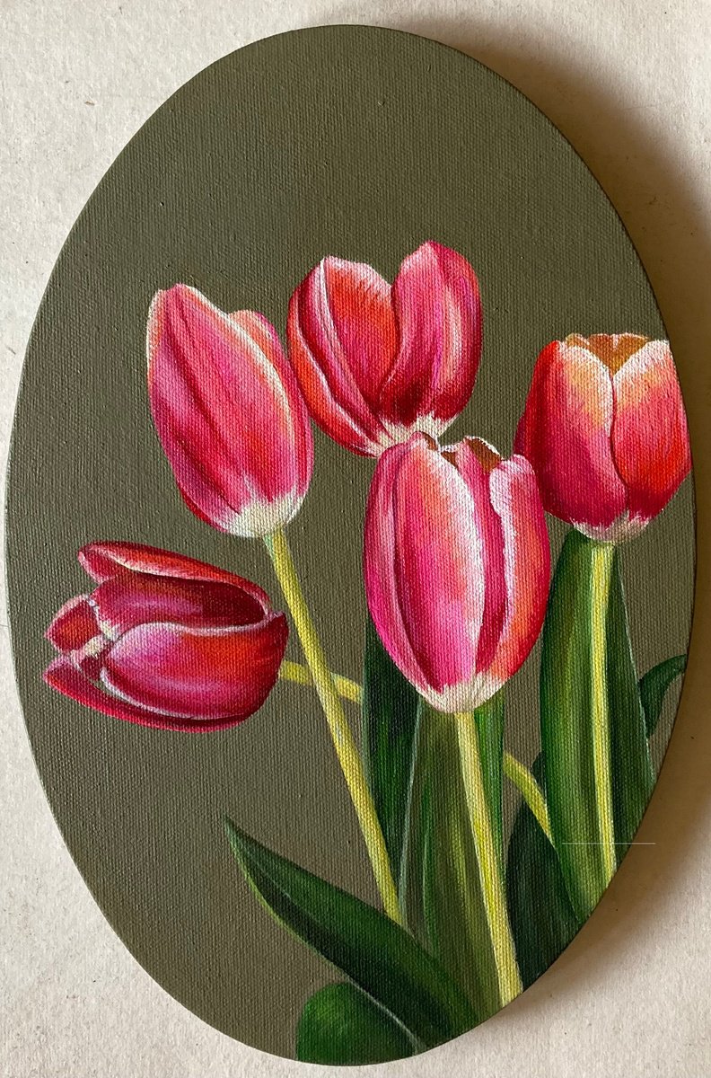 Photorealistic Still Life Oil Painting By Priyanka Singh, 8 X 12", Tulip Garden Ii, Original Artwork