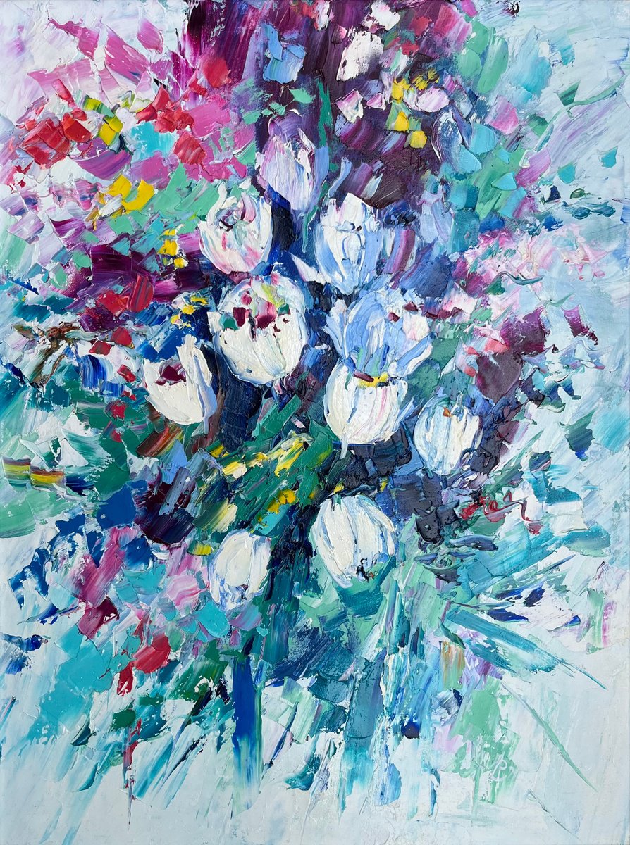 Abstract Botanical Oil Painting By Svitlana Andriichenko, 26 X 33", Spring Bouquet, Original Artwork