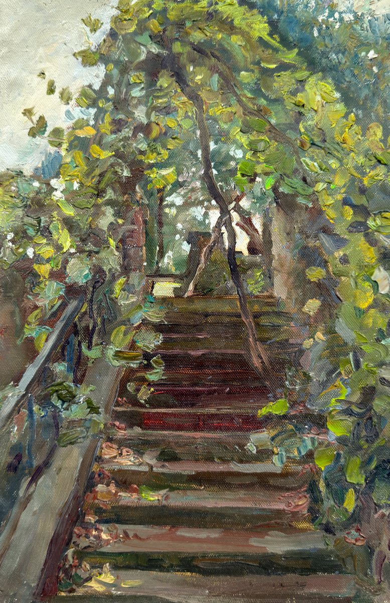 Impressionistic Landscape Oil Painting By Igor Galan, 11 X 17, Steps Into The Green Silence, Original Artwork