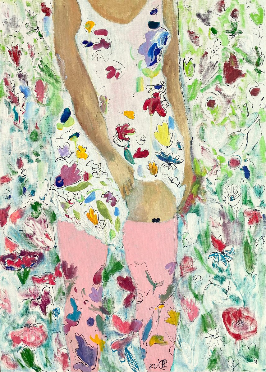 Tattoo - woman painting, girl with dress, flowers art, spring, acrylic paint, canvas by Ksenia Kozhakhanova