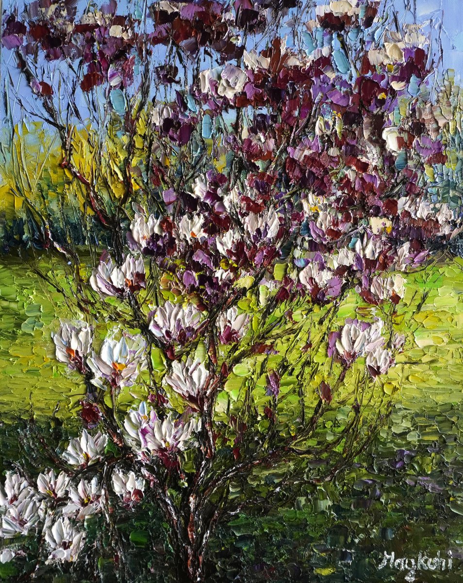 Impressionistic Landscape Oil Painting By Haykuhi Khachatryan, 16 X 20, Blooming Tree, Original Artwork