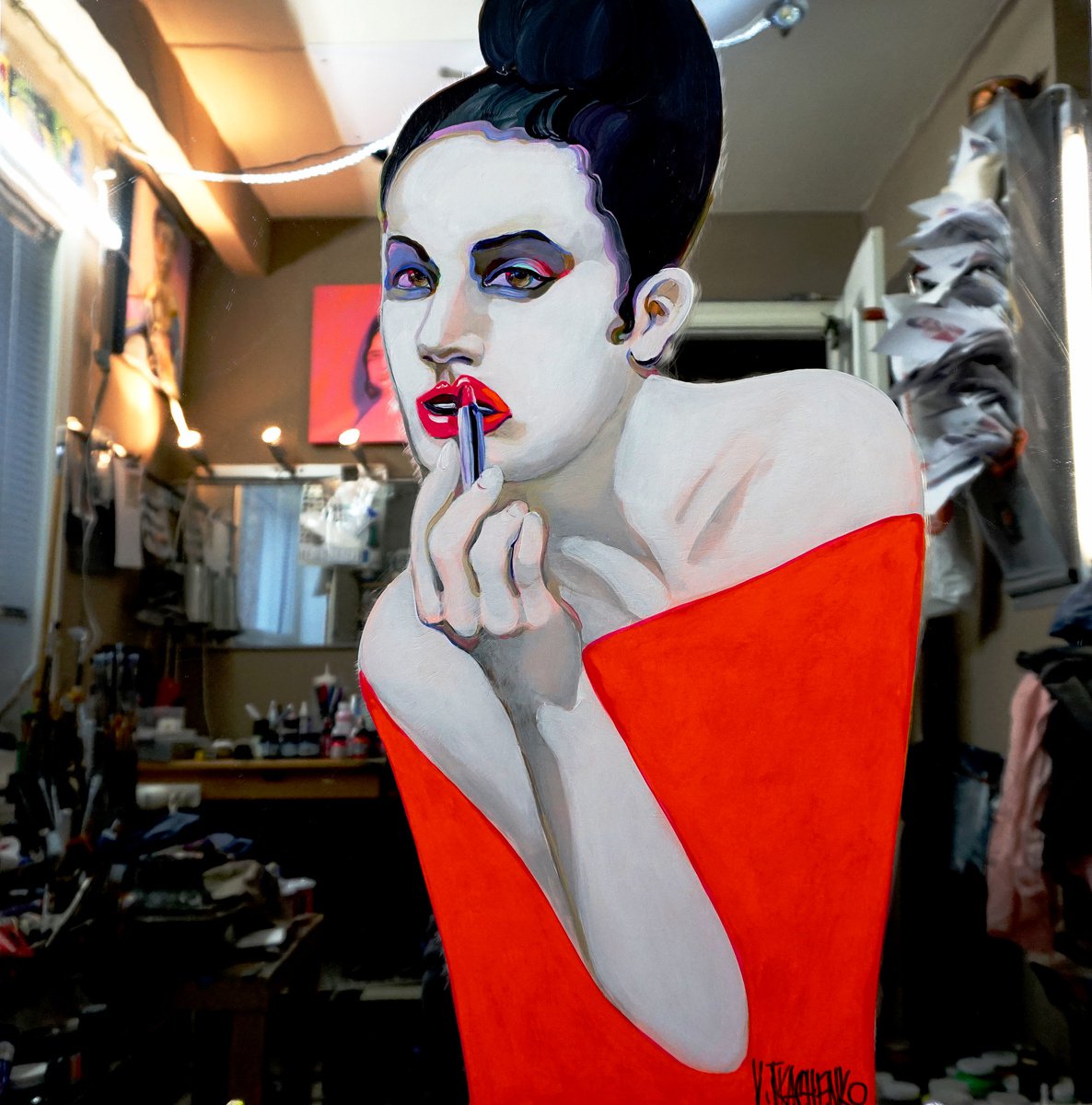 Organic Portrait Acrylic Painting By Victor Tkachenko, 24 X 24", Code Red, Original Artwork