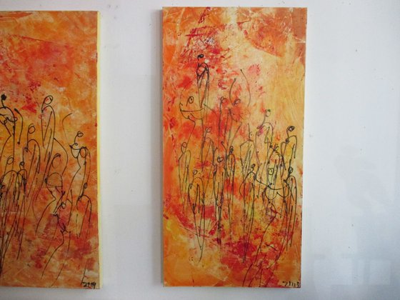 orange Dancers on canvas  Triptychon 47,3 x 79 inch