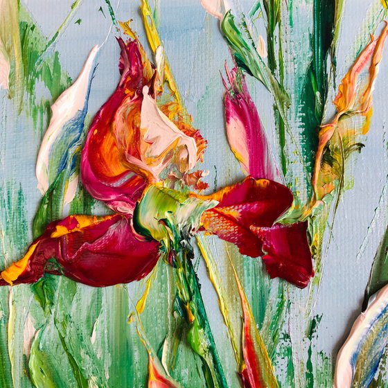 MORNING IRISES - Blooming irises. Red flowers. Summer landscape. Saturated colors. Fancy petals. Greenery. Beauty of nature. Palette knife.