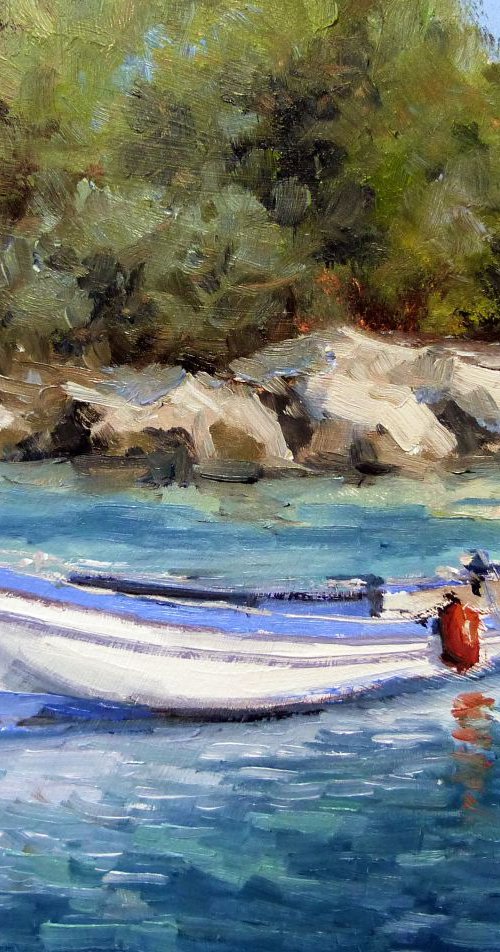 Small boat Anchored in a Cove by Pascal Giroud