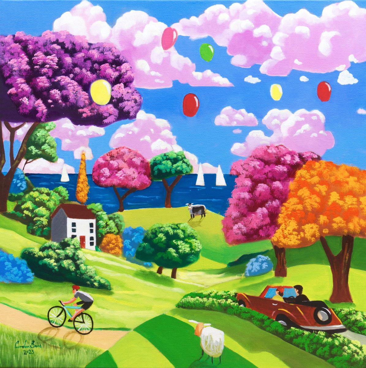 Happy weekend naive art painting by Gordon Bruce