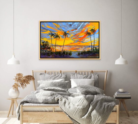 OCEAN SUNSET. Contemporary Florida Sunset Painting in Bold Orange, Purple, Yellow Colors