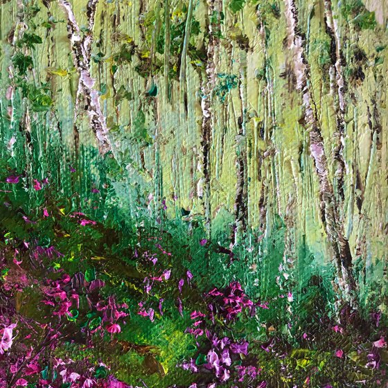 FOREST INSPIRATION - Forest. Flowers. Spring. Gift. Offseason. Miniature. Quick drawing. Three-dimensional painting. Pink flowers. Interior. Design. Landscape. Impasto. Palette knife. The Best Solution. Gift.