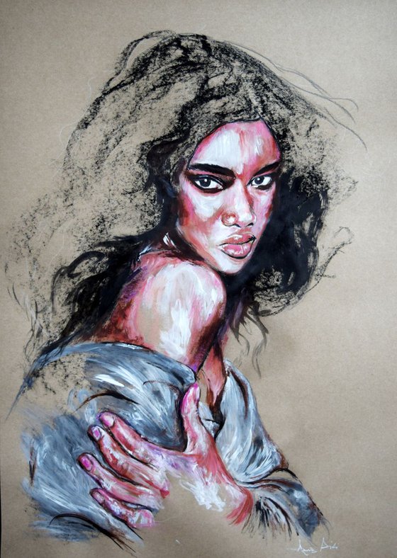 Her gaze / 60 cm x 42 cm Portrait painting on paper