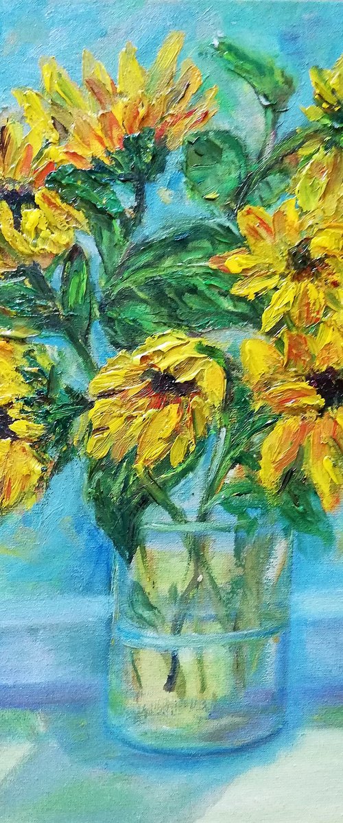 "Sunflowers in the Window" Original Oil Painting 10x12" (24x30cm) by Katia Ricci