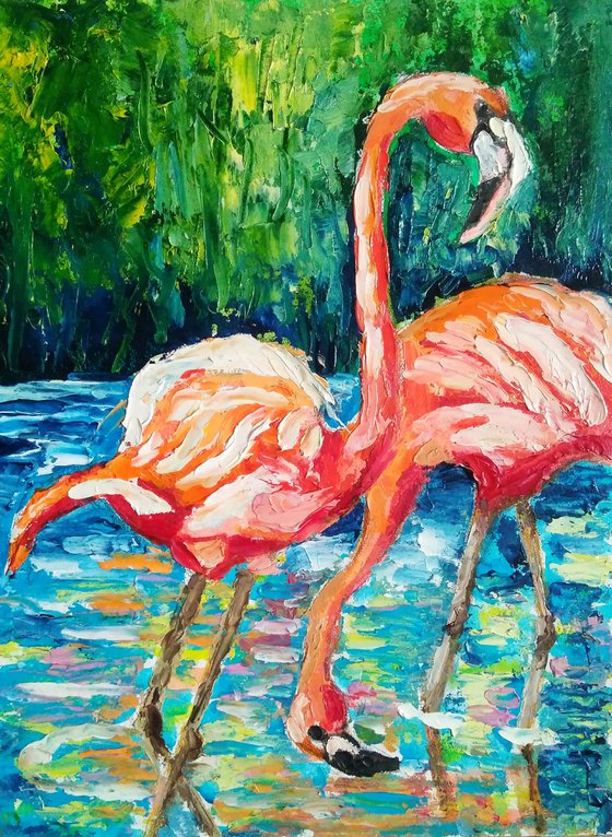 Flamingo Painting Original Art Impasto Couple Bird Artwork