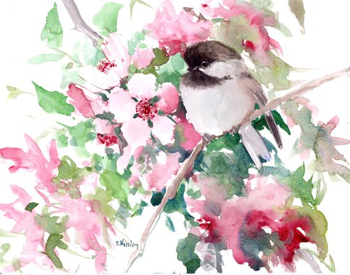 Chickadee and Spring Flowers by Suren Nersisyan
