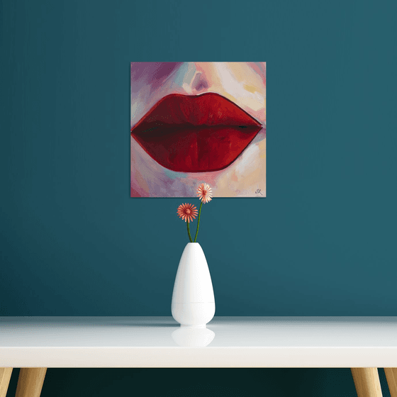 CHANEL LIPS - oil painting, original gift, girl, red, red trunks, ass, office decor, home interior
