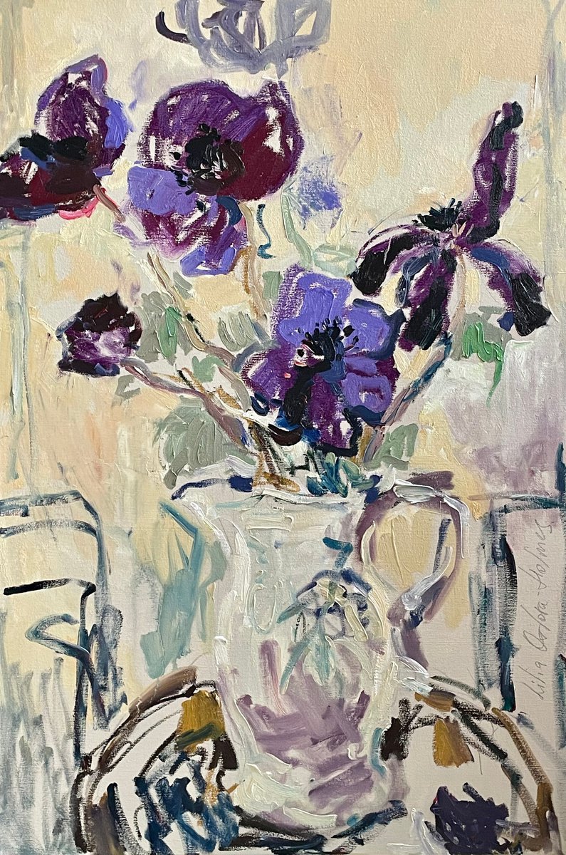 Expressive Botanical Oil Painting By Lilia Orlova-Holmes, 24 X 36", Still Life With Anemones, Original Artwork