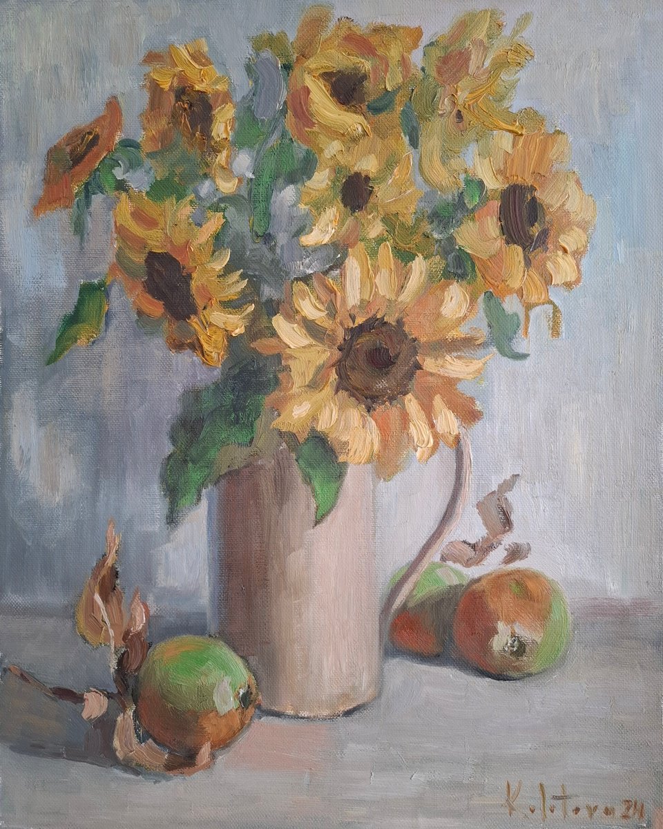 Impressionistic Botanical Oil Painting By Olena Kolotova, 16 X 20", "Sunflowers With Apples - , Original Artwork