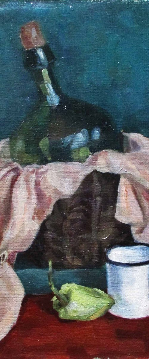 Still life painting with bottle by Kateryna Bortsova